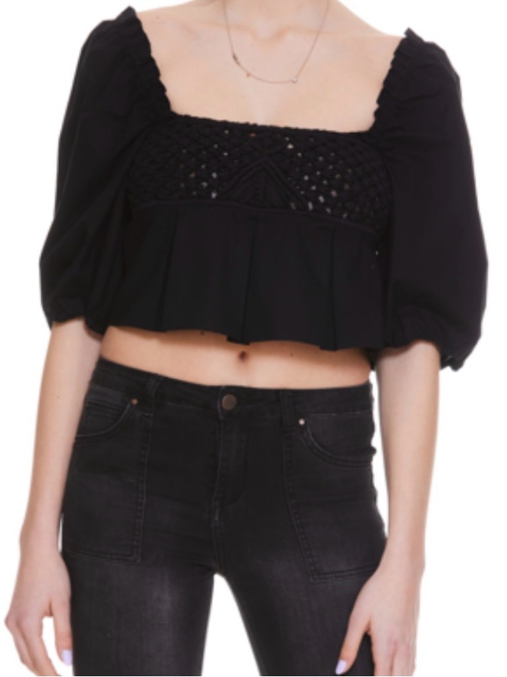 Pinko Black Crochet Puff-Smock Top